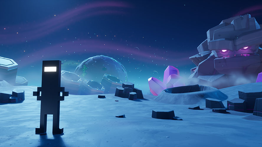 Rerunner cover art, CommanderVideo stands on a desolate moon-like planet