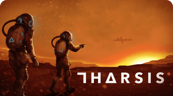 Tharsis cover art featuring two people in space suits walking on the surface of Mars